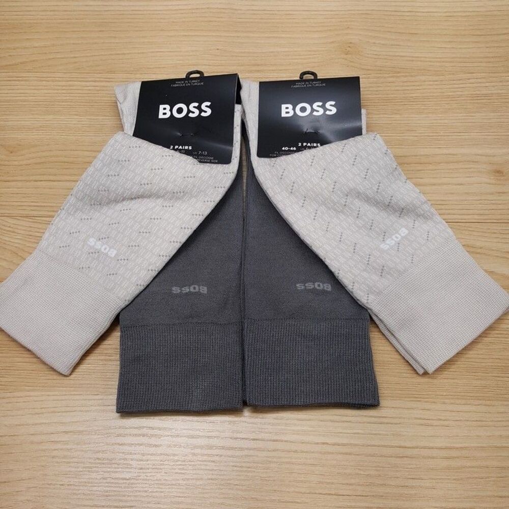HUGO BOSS Crew Dress Socks Mens 4-Pair Tan Gray Cotton Blend 2-Pack x2